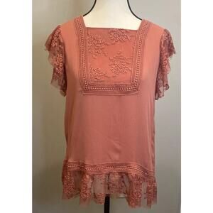 Ella Moon Lace Square Neck Boho Blouse Womens Small Pink Ruffle Romantic Top